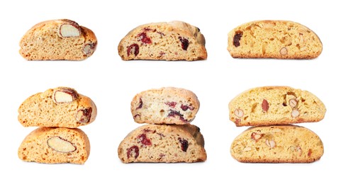 Set with different tasty cantucci on white background. Traditional Italian biscuits