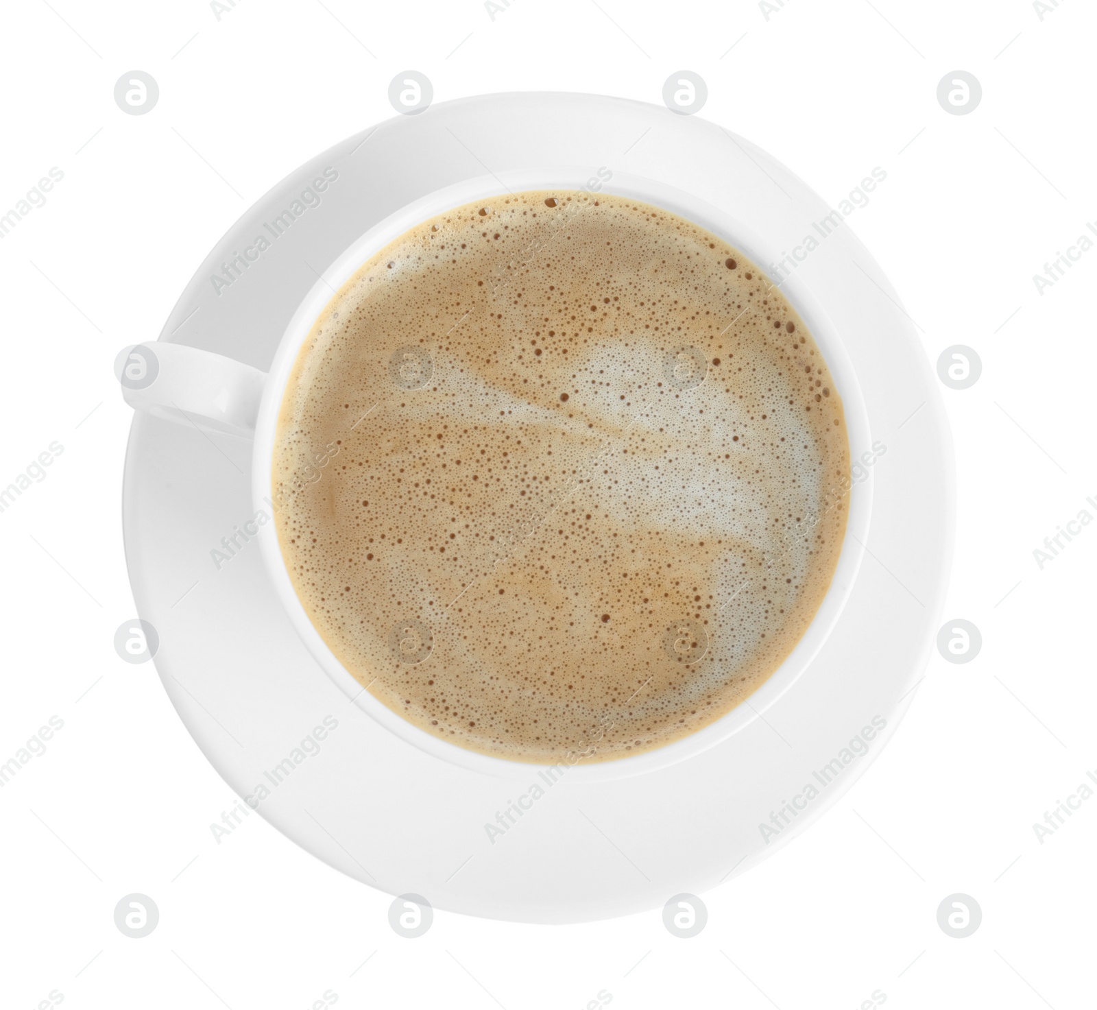 Photo of Cup of tasty coffee isolated on white, top view