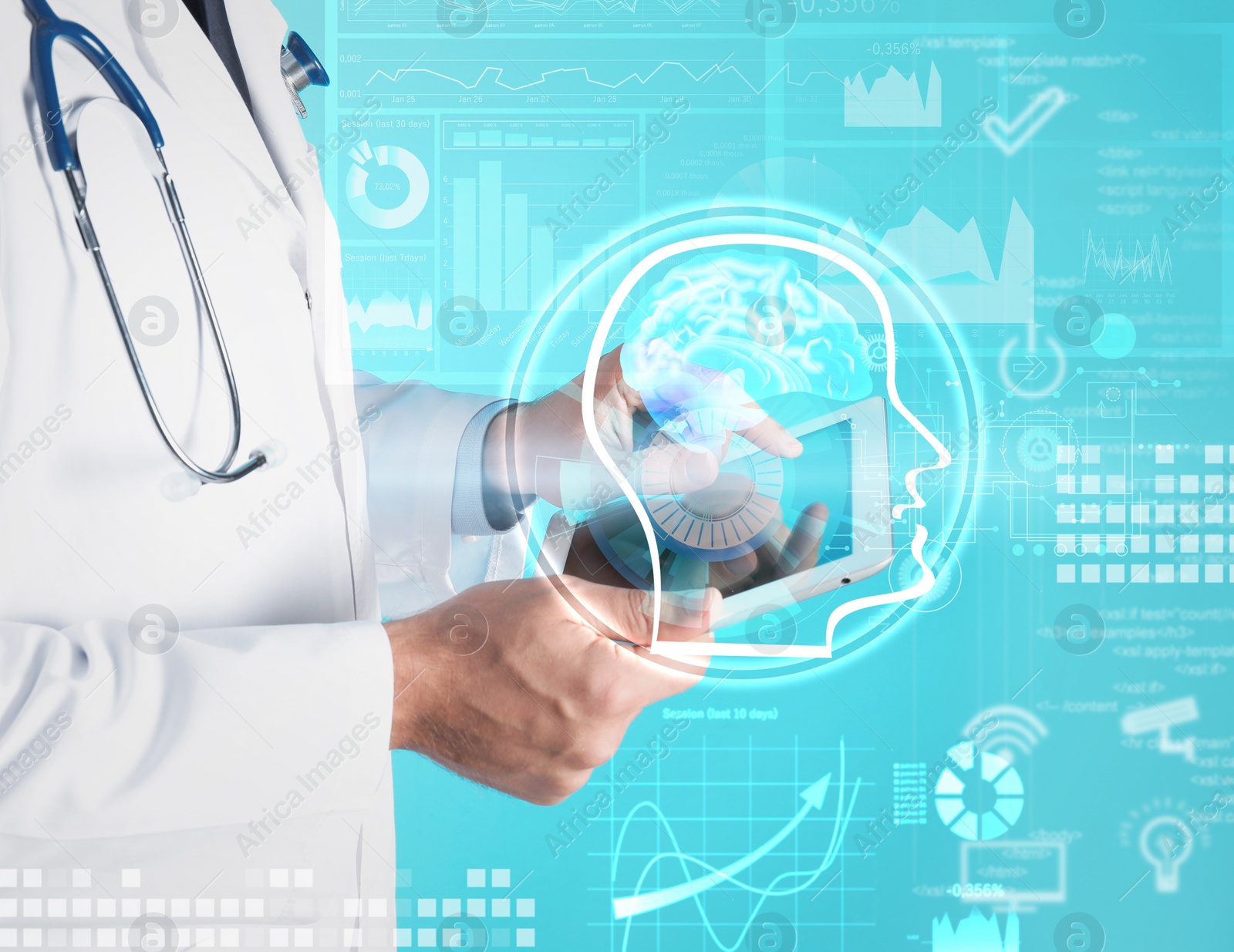 Image of Double exposure of doctor using tablet and artificial intelligence model. Machine learning concept