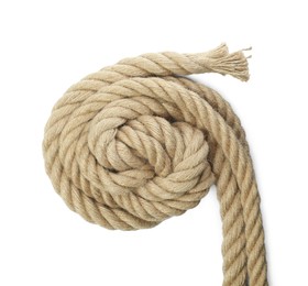 Photo of Bundle of hemp rope isolated on white, top view