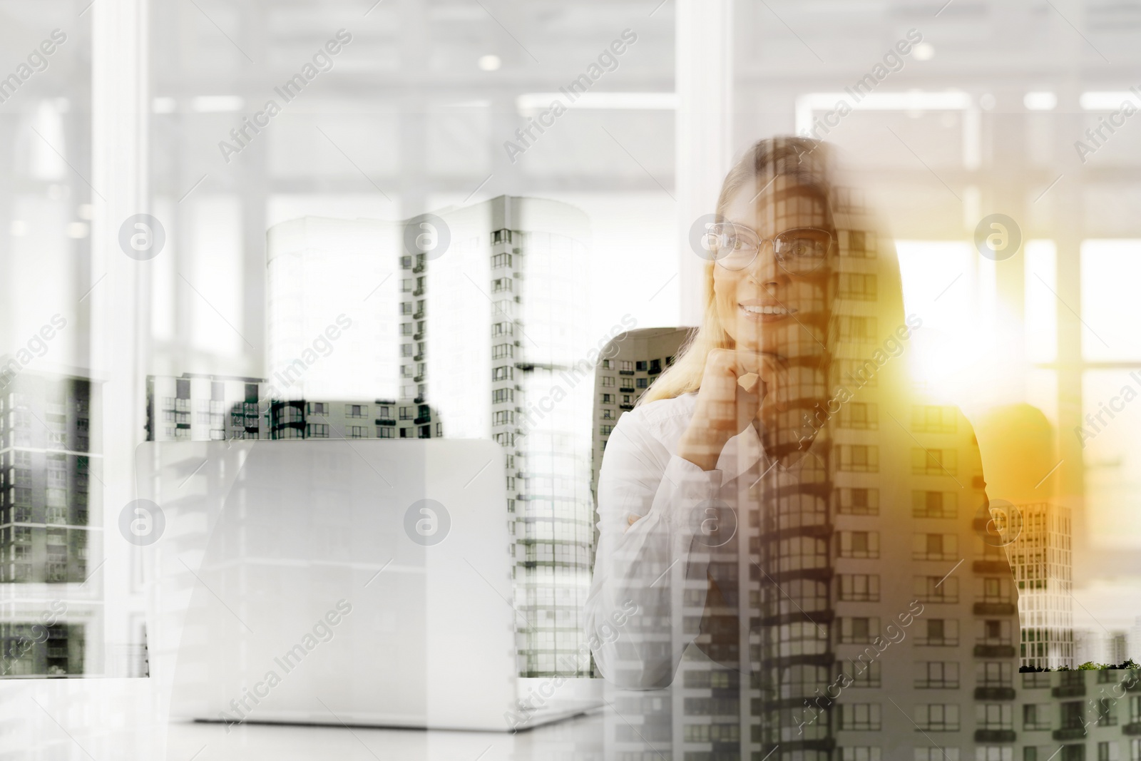 Image of Double exposure of successful businesswoman and cityscape
