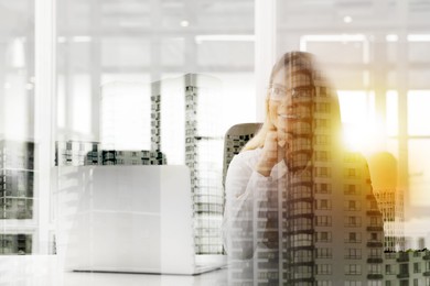 Image of Double exposure of successful businesswoman and cityscape