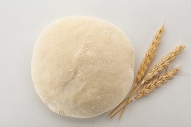 Photo of Raw wheat dough and spikes on white background, top view