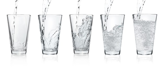 Pouring soda water into glasses on white background, collage. Banner design