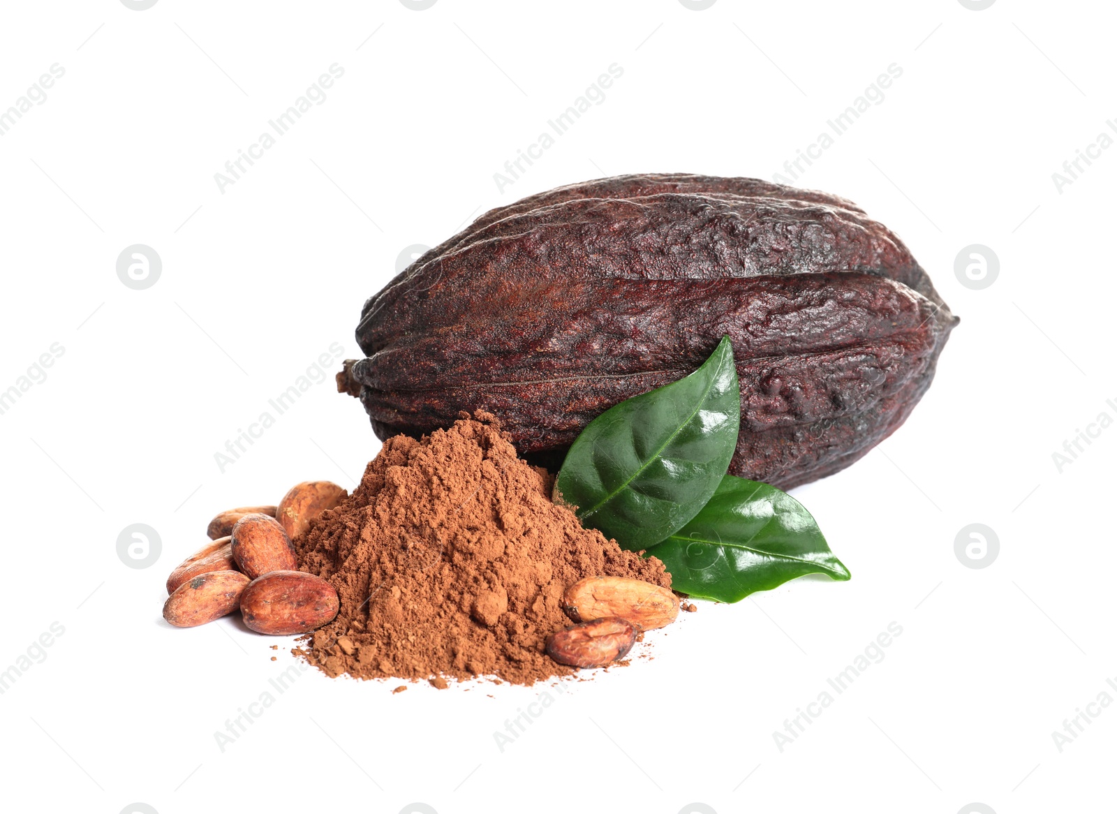 Photo of Composition with cocoa products on white background