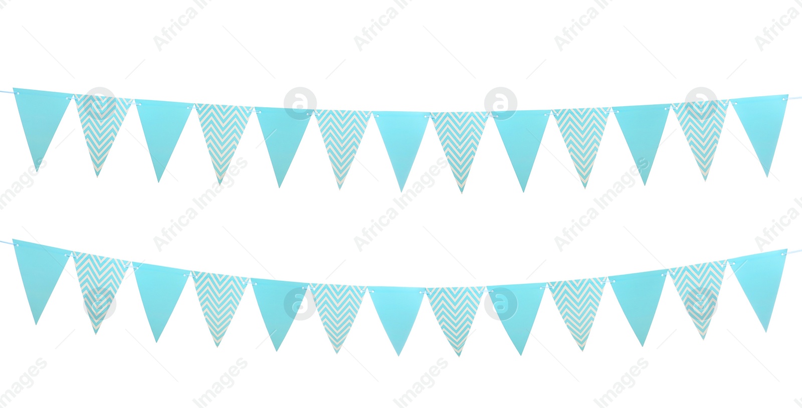 Image of Light blue triangular bunting flags on white background, banner design. Festive decor