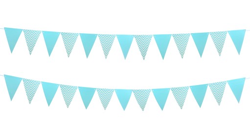 Light blue triangular bunting flags on white background, banner design. Festive decor