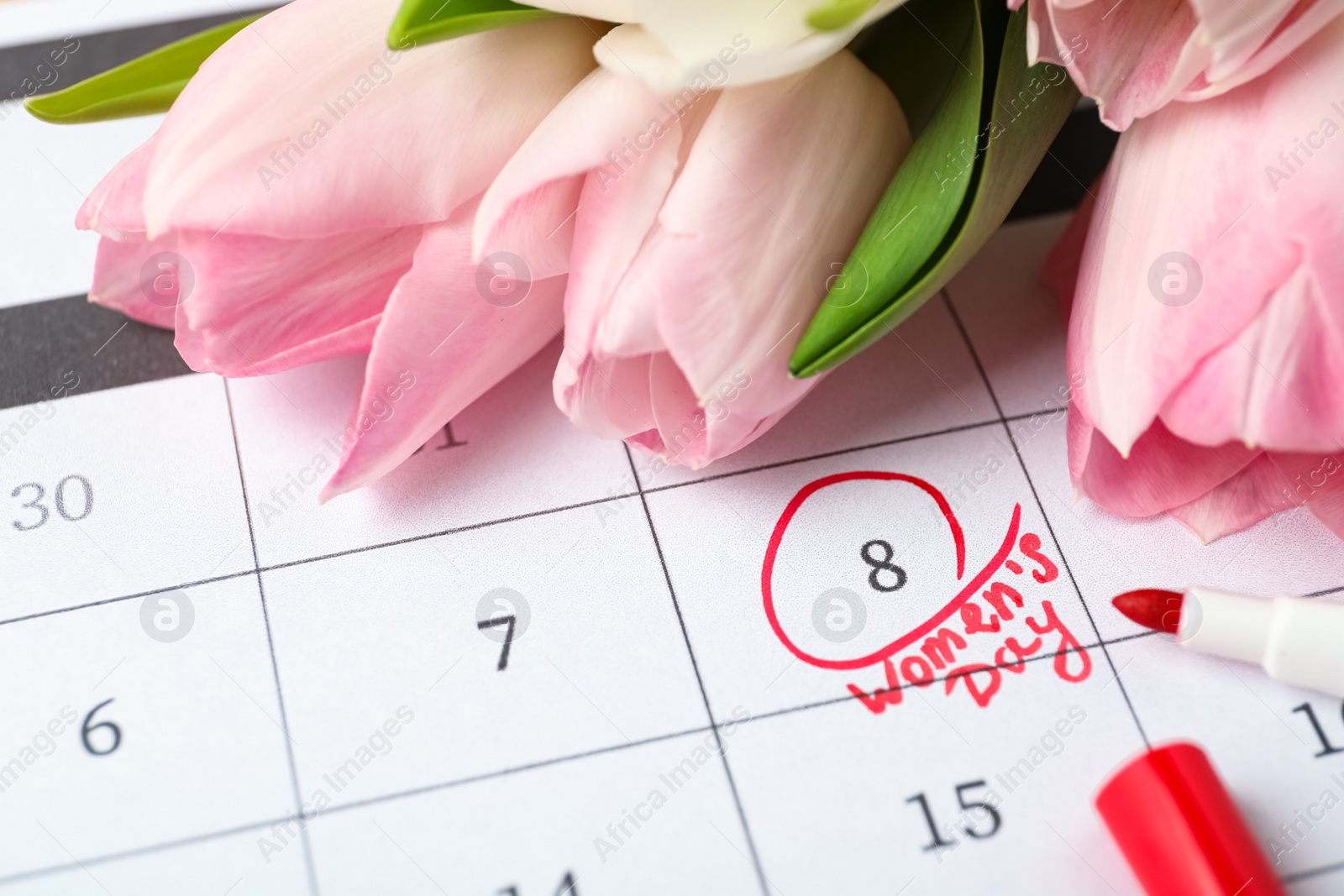 Photo of Tulips and red marker on calendar near date 8th of March, closeup. International Women's Day