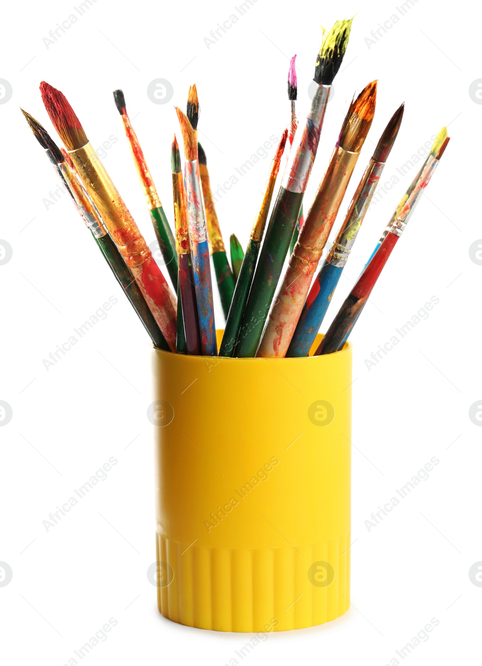 Photo of Holder with different paint brushes on white background