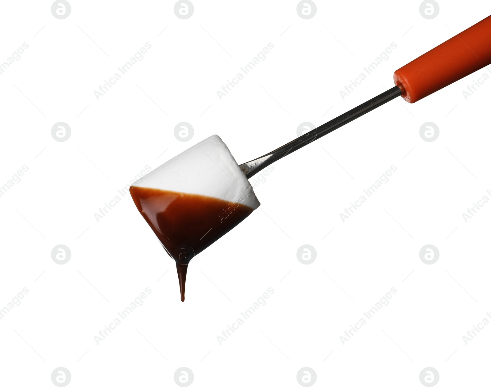 Photo of Fork with marshmallow dipped into chocolate fondue on white background