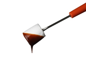 Photo of Fork with marshmallow dipped into chocolate fondue on white background