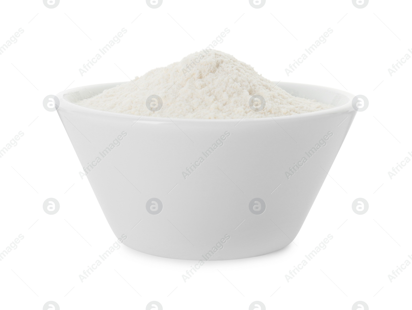 Photo of Baking powder in bowl isolated on white