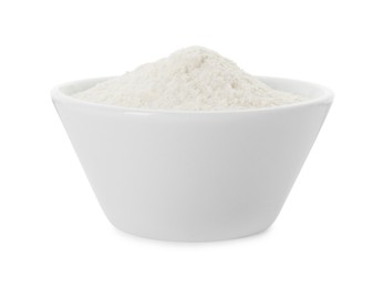 Photo of Baking powder in bowl isolated on white