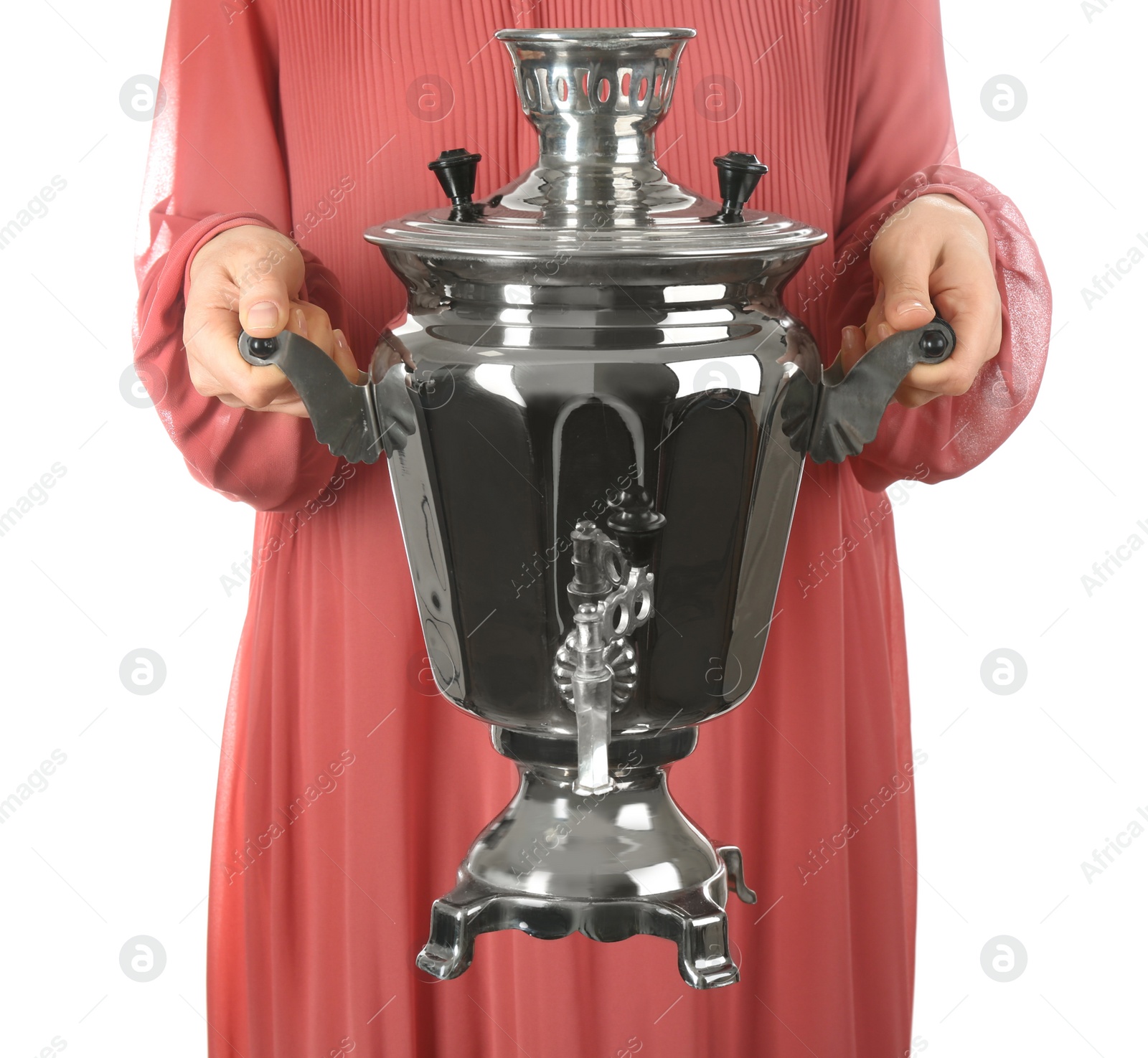 Photo of Woman holding traditional Russian samovar on white background, closeup