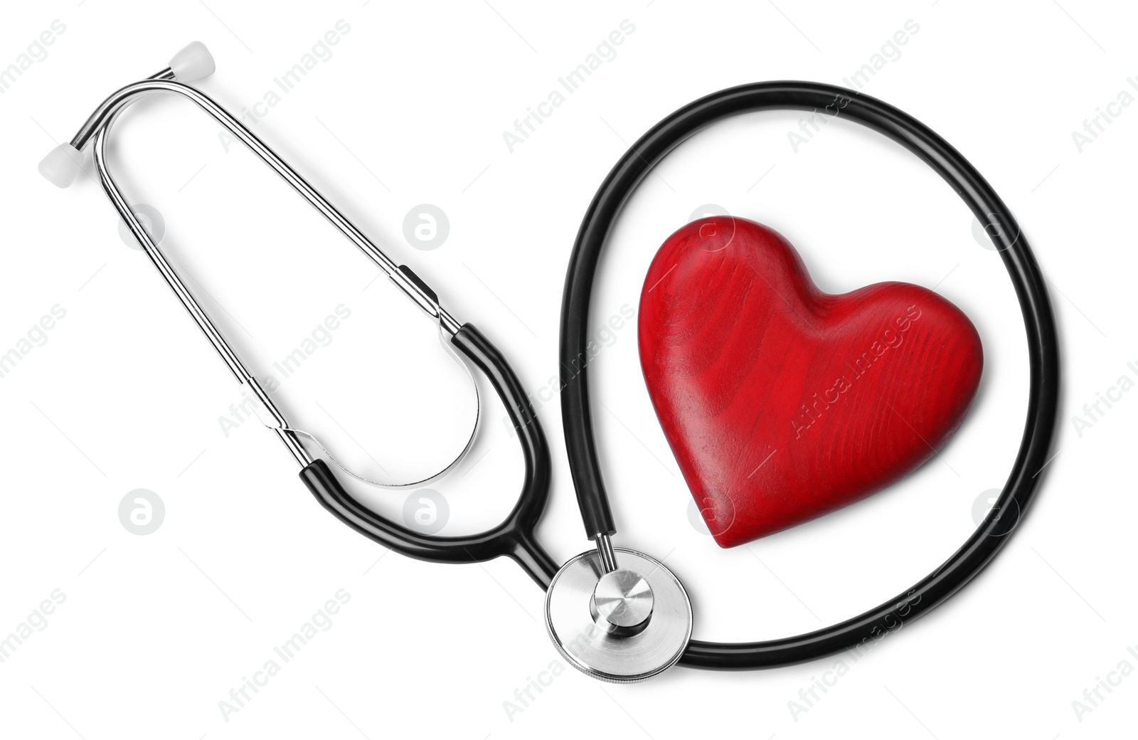 Photo of Red heart and stethoscope on white background, top view. Cardiology concept