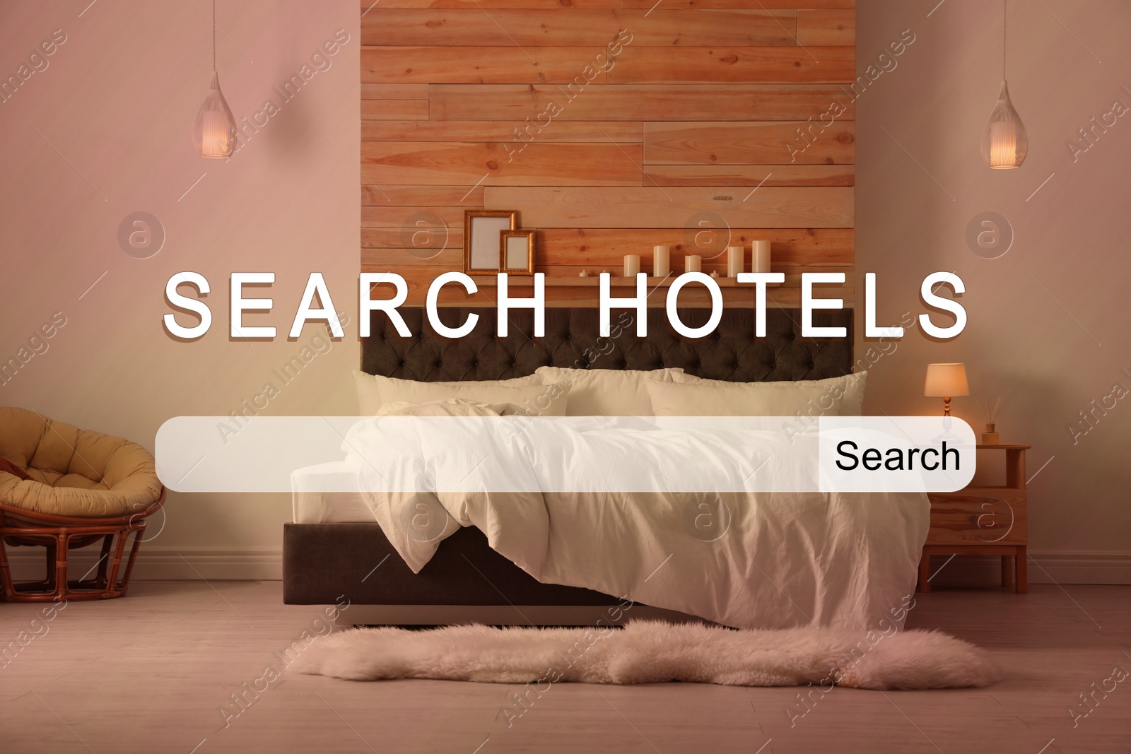 Image of Booking online service. Search bar and beautiful hotel room on background