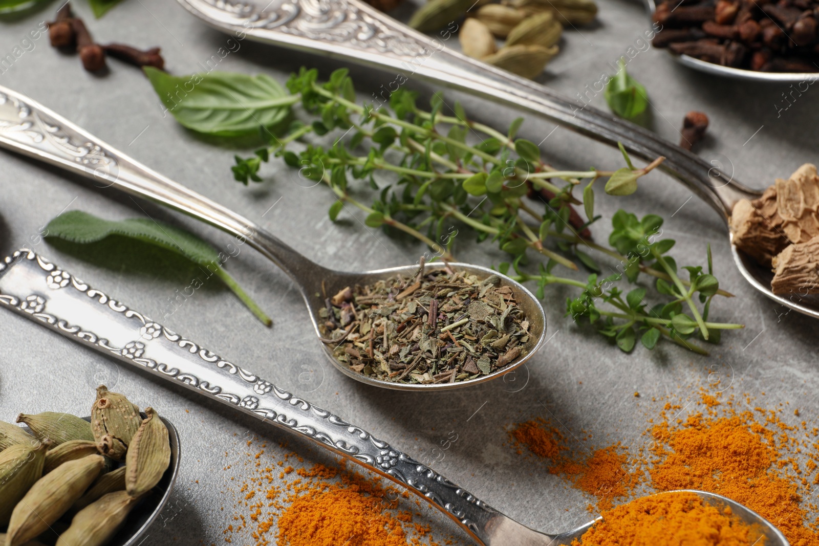 Photo of Different herbs and spices with spoons on grey table, closeup