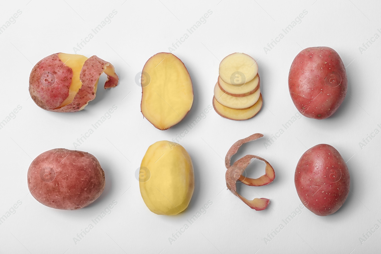 Photo of Flat lay composition with fresh organic potatoes on white background