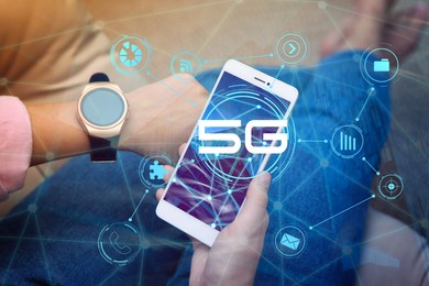 Image of Woman using smartphone with 5G network system, closeup 