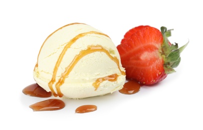 Ball of delicious vanilla ice cream with strawberry and sauce on white background