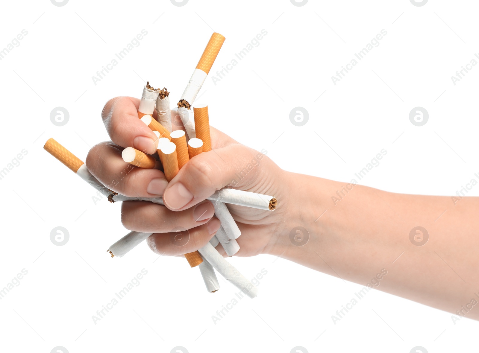 Photo of Stop smoking. Man holding broken cigarettes on white background, closeup