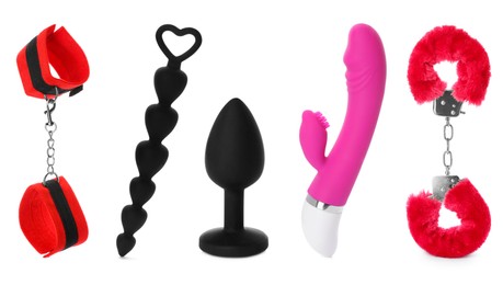 Image of Set of different sex toys on white background, banner design