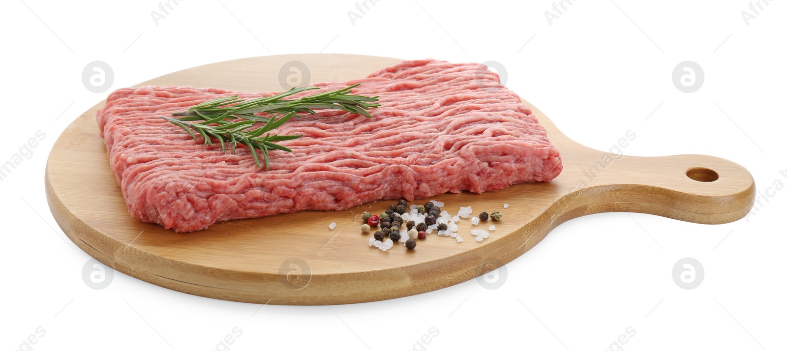 Photo of Raw fresh minced meat with rosemary isolated on white