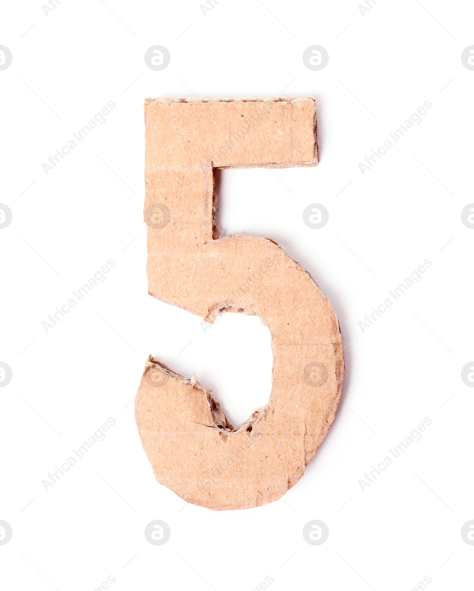 Photo of Number 5 made of brown cardboard on white background