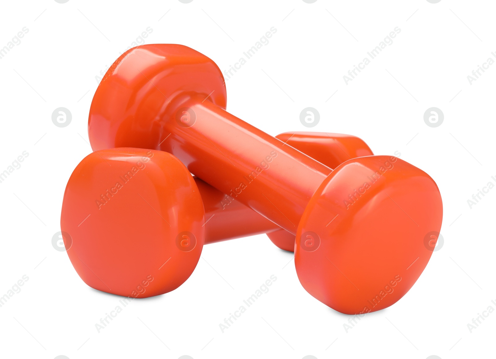 Photo of Orange dumbbells isolated on white. Sports equipment