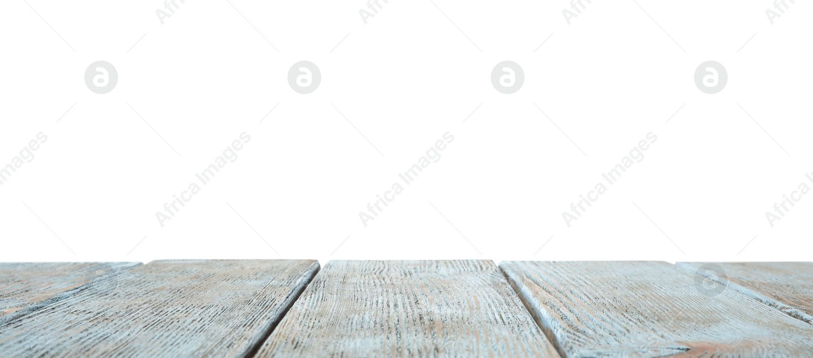 Photo of Empty wooden table surface on white background. Mockup for design