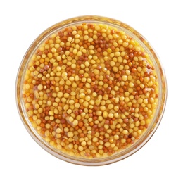 Delicious mustard beans in bowl on white background, top view. Spicy sauce