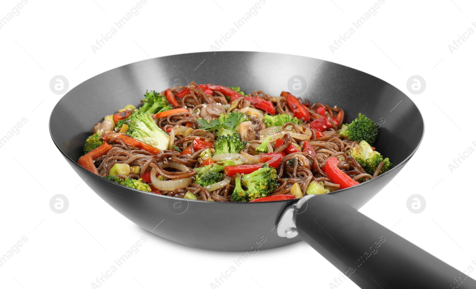 Photo of Stir-fry. Tasty noodles with meat and vegetables in wok isolated on white