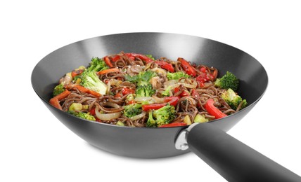 Photo of Stir-fry. Tasty noodles with meat and vegetables in wok isolated on white