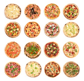 Image of Set with different delicious pizzas on white background, top view