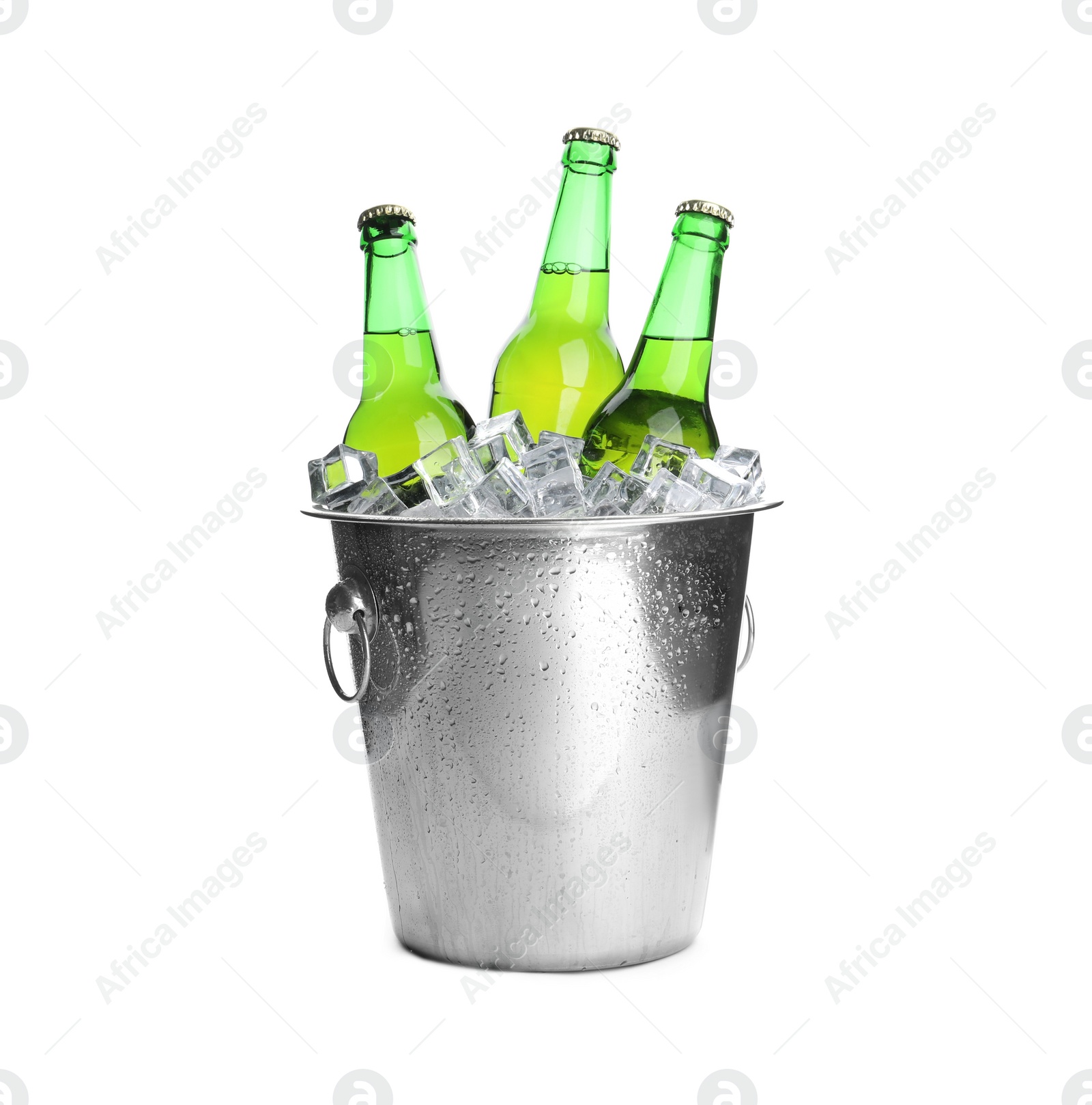 Photo of Metal bucket with bottles of beer and ice cubes isolated on white