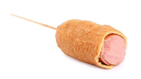 Photo of Delicious bitten deep fried corn dog isolated on white