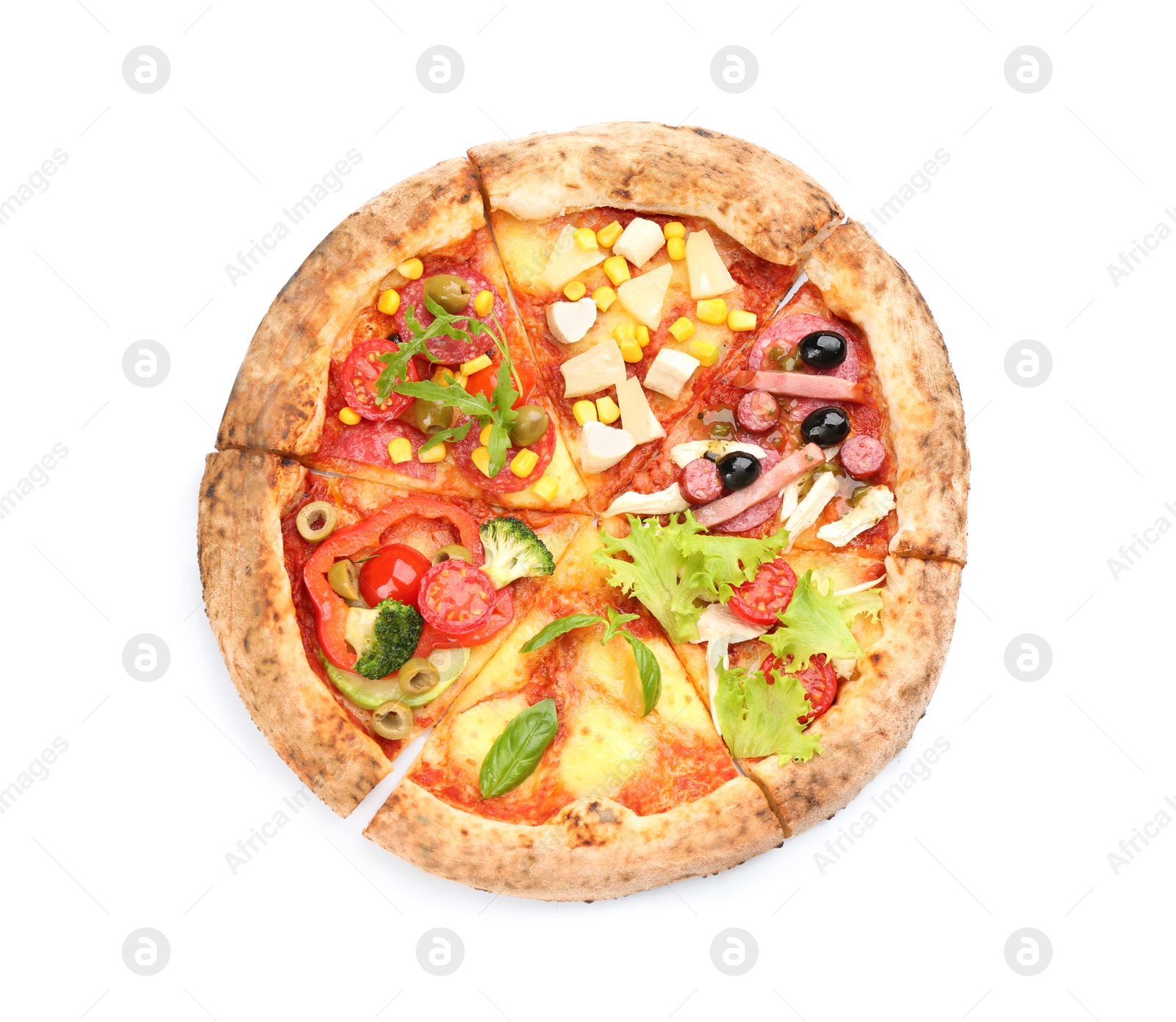 Photo of Slices of different delicious pizzas on white background, top view