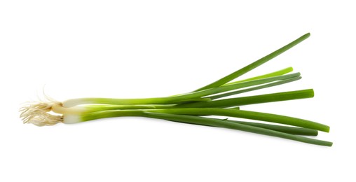 Photo of Fresh green spring onions on white background
