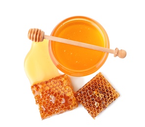 Photo of Composition with fresh honey on white background, top view