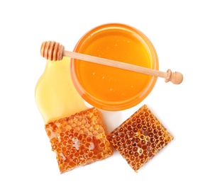 Composition with fresh honey on white background, top view