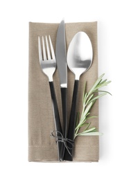 Photo of Cutlery and linen napkin on white background, top view