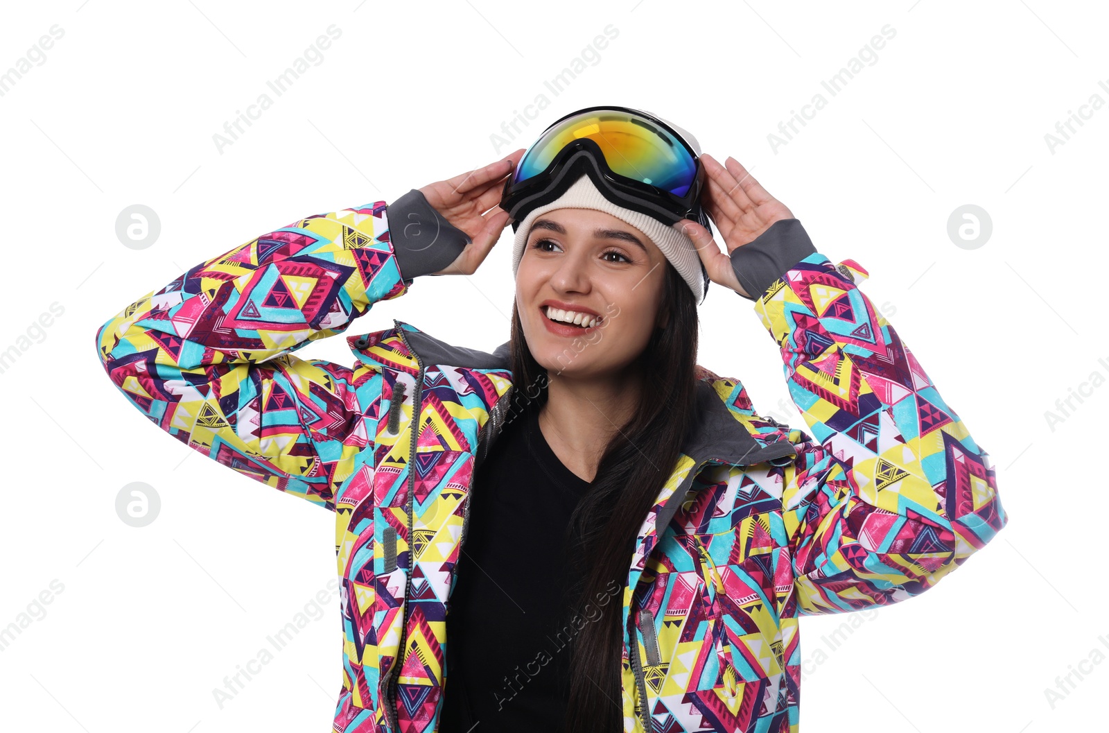 Photo of Woman wearing stylish winter sport clothes on white background