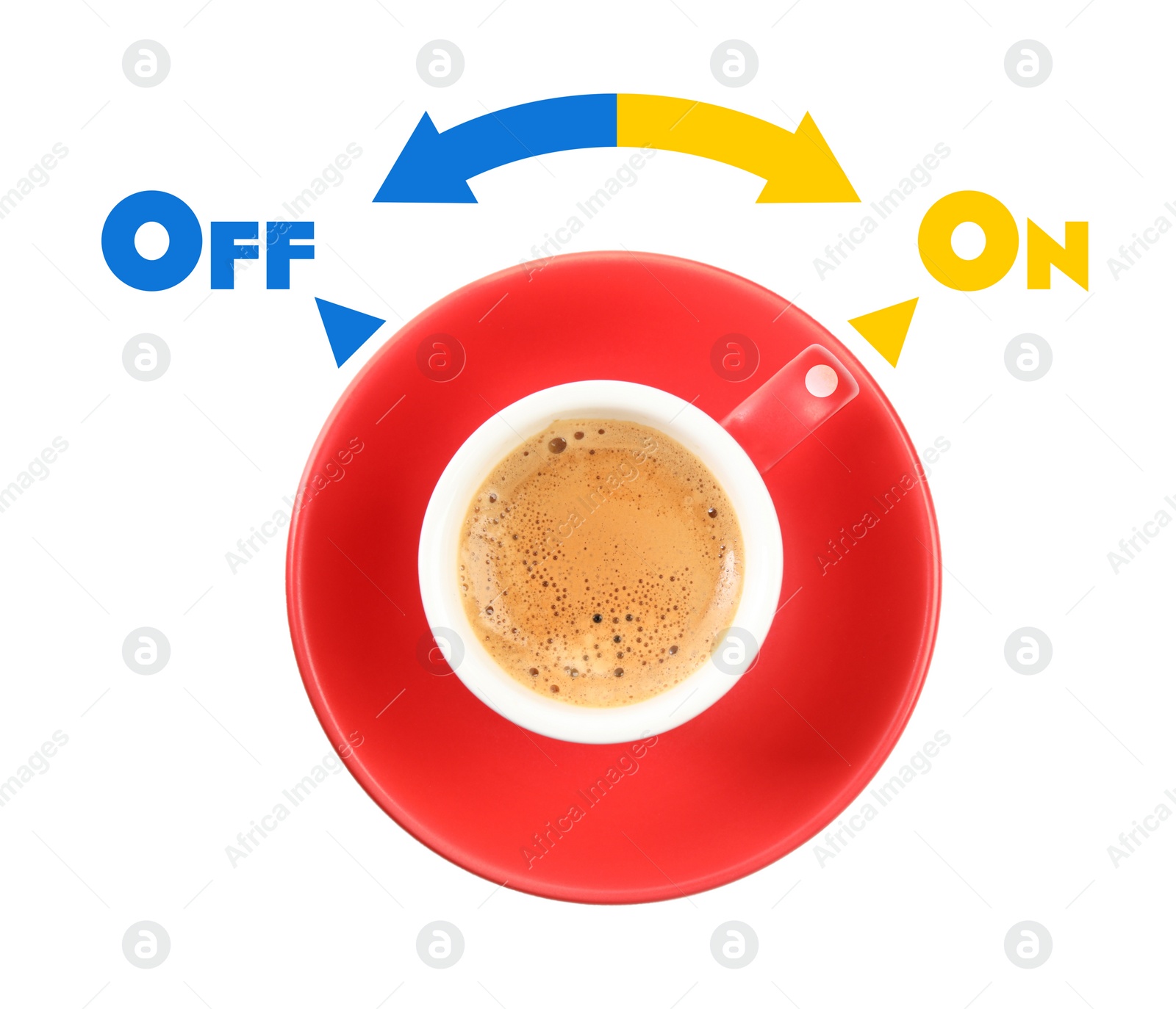 Image of Coffee break. Cup of aromatic hot drink on white background, top view
