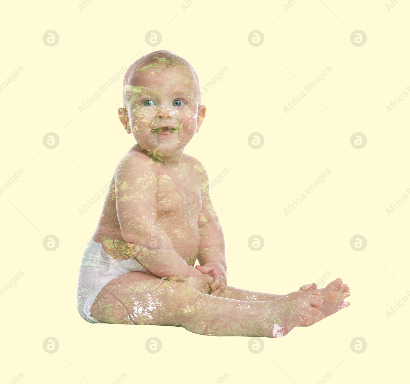 Image of Double exposure of cute little child and green tree on beige background