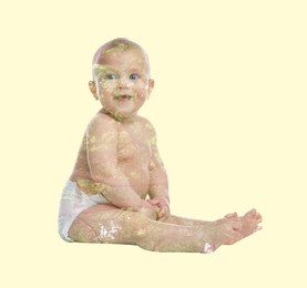 Image of Double exposure of cute little child and green tree on beige background