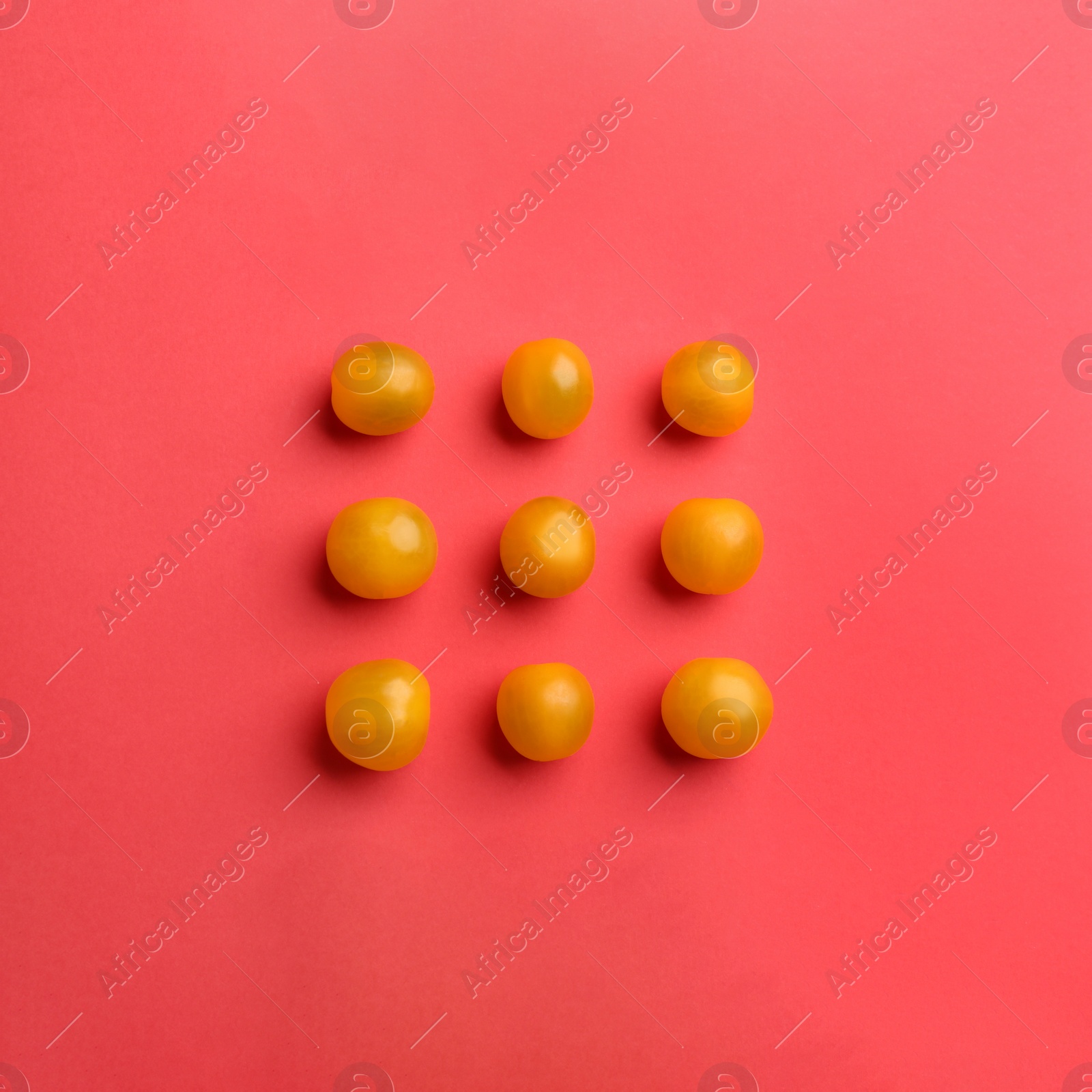 Photo of Yellow tomatoes on red background, flat lay