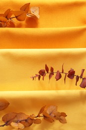 Different kitchen napkins and decorative dry leaves as background, top view