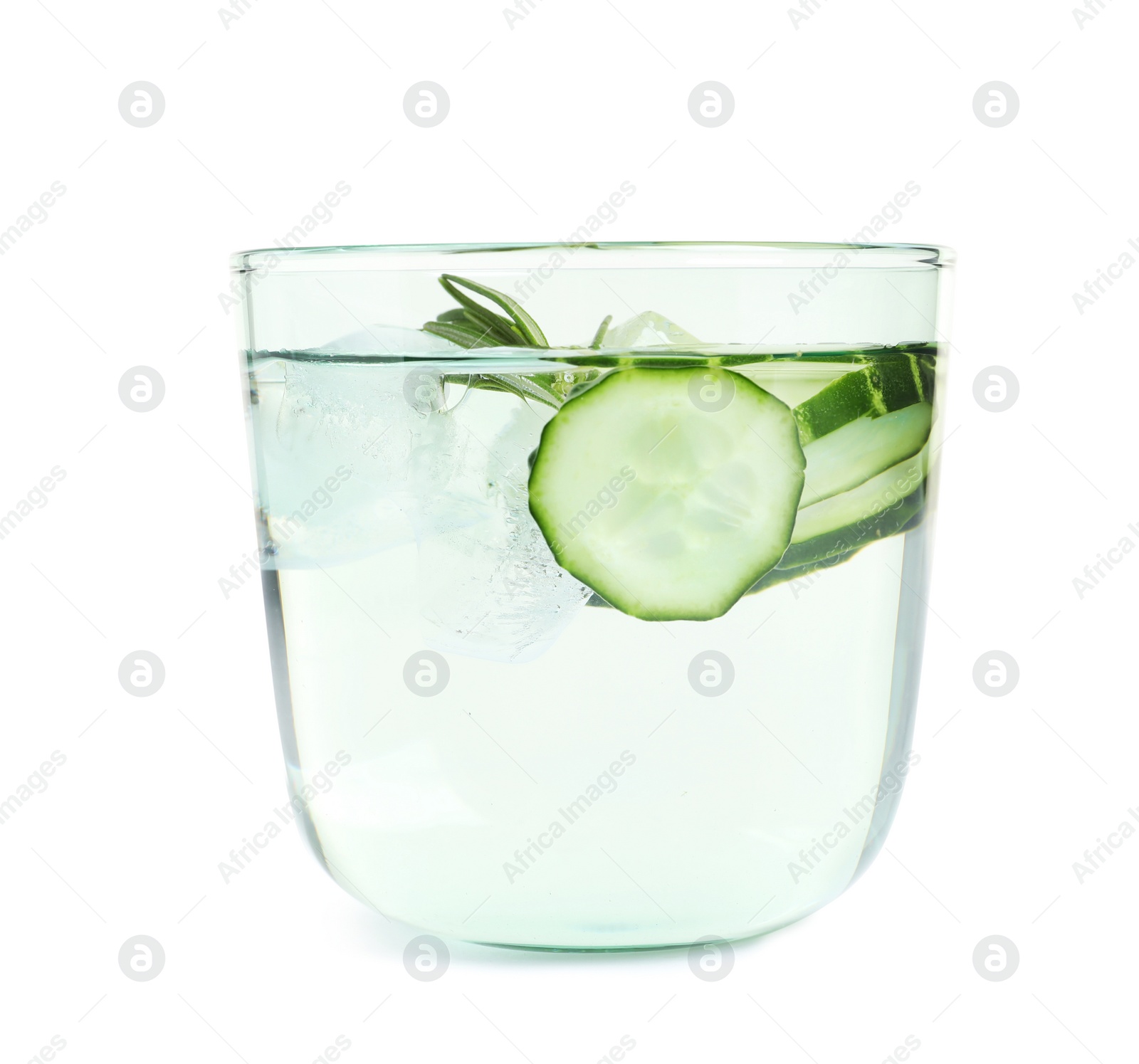 Photo of Glass of fresh cucumber water on white background