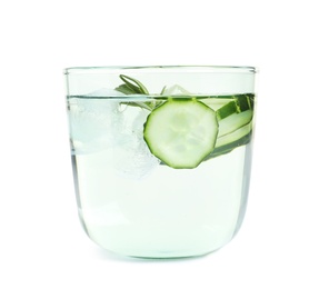 Glass of fresh cucumber water on white background