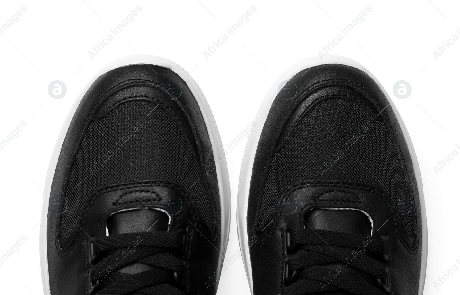 Photo of Pair of stylish shoes on white background, top view